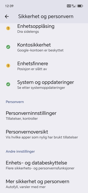 Bla til og velg Mer sikkerhet og personvern