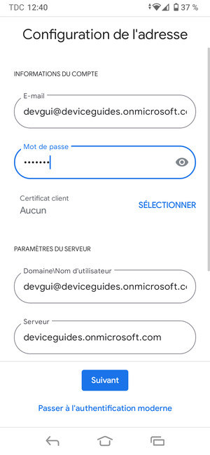 Saisissez votre Nom d'utilisateur et l'adresse du serveur Exchange. Sélectionnez Suivant