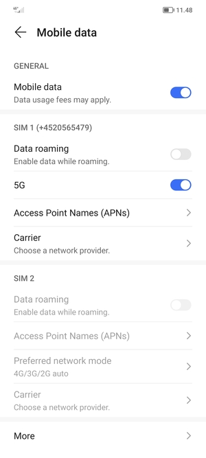 Scroll to SIM 1 or SIM 2