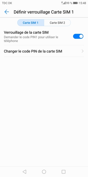 Sélectionnez Carte SIM 1 ou Carte SIM 2 et sélectionnez Changer le code PIN de la carte SIM
