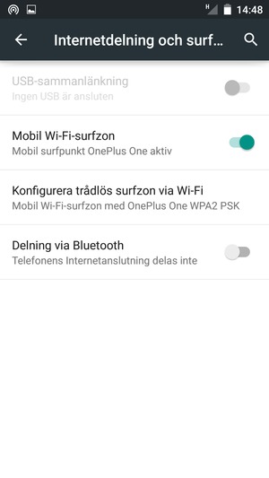 Din telefon har nu ställts in för att kunna användas som ett modem