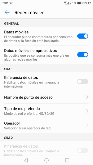Desplácese a SIM 1 o SIM 2 y seleccione Nombre de punto de acceso