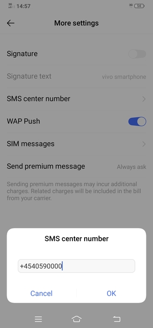 Enter the SMS center number number and select OK
