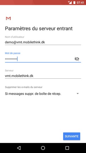 Saisissez votre Nom d'utilisateur et l'adresse du serveur entrant. Sélectionnez SUIVANTE