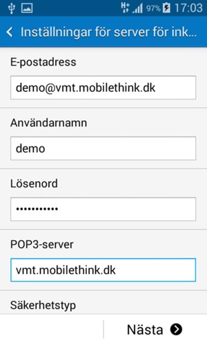 Ange Användarnamn och inkommande serveradress. Välj Nästa