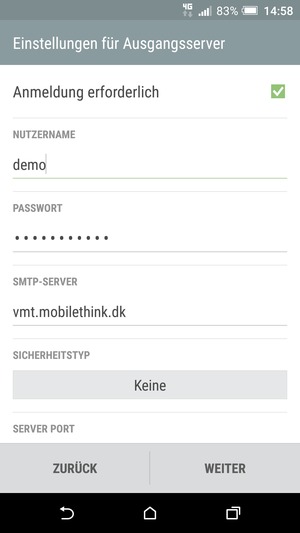Geben Sie die Server-Adresse für ausgehende Post ein