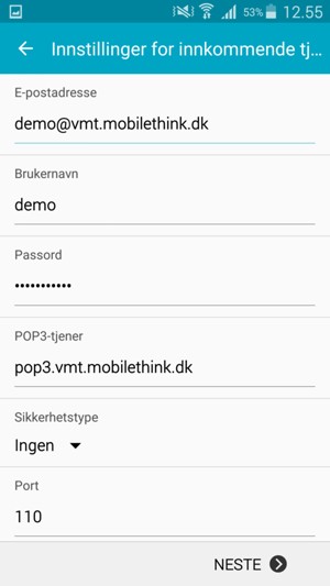 Skriv inn Brukernavn og innkommende serveradresse. Velg NESTE