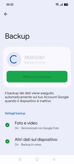 Attendi il completamento del backup