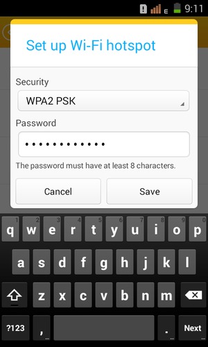 Enter a Wi-Fi hotspot password of at least 8 characters and select Save