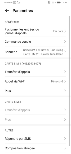 Faites défiler jusqu'à CARTE SIM 1 ou CARTE SIM 2 et sélectionnez Plus