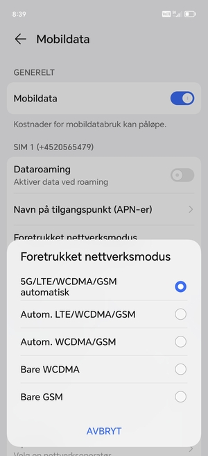 Velg ønsket alternativ