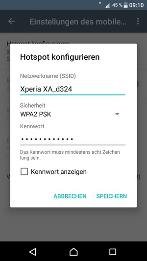 Geben Sie eine WLAN-Hotspot-Passwort mit mindestens 8 Zeichen ein und wählen Sie SPEICHERN