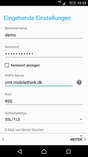 Geben Sie Benutzername und die Server-Adresse für eingehende Post ein. Wählen Sie WEITER