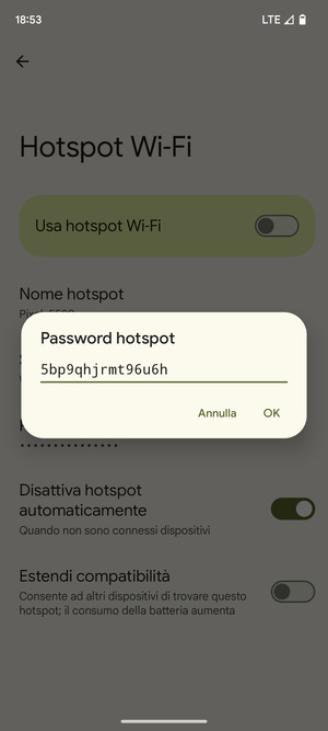 Inserisci una password dell'hotspot Wi-Fi di almeno 8 caratteri e seleziona OK