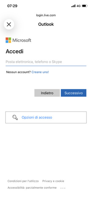 Inserisci il tuo indirizzo email e seleziona Successivo