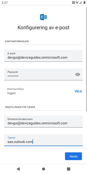 Skriv inn Brukernavn og Exchange serveradresse. Velg Neste