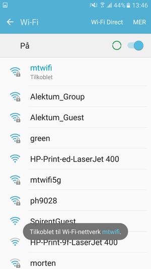 Du er nå koblet til Wi-Fi-nettverket