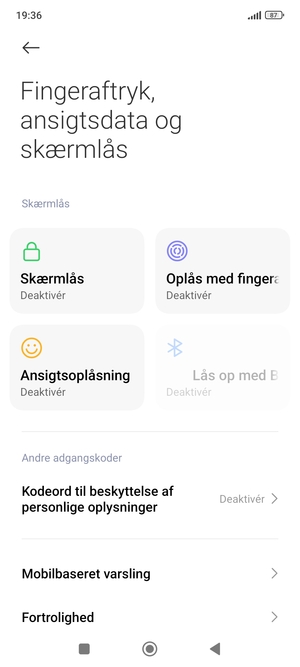 For at aktivere din skærmlås, vend tilbage til menuen Fingeraftryk, ansigtsdata og skærmlås og vælg Skærmlås