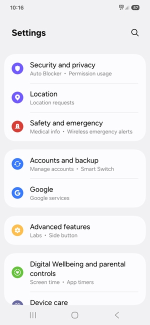 Scroll to and select Accounts and backup