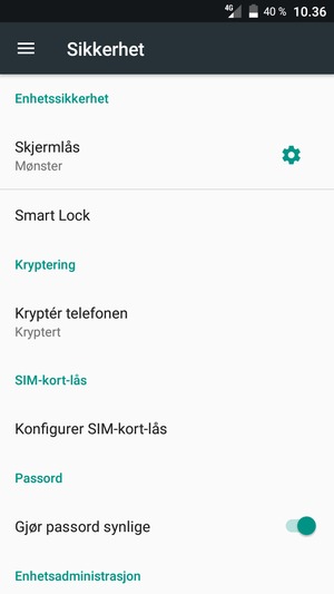 For å bytte PIN-koden til SIM-kortet, gå til Sikkerhet-menyen og velg Konfigurer SIM-kort-lås