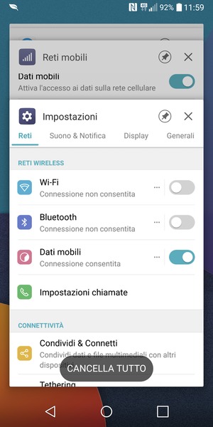 Seleziona CANCELLA TUTTO per chiudere tutte le applicazioni in esecuzione