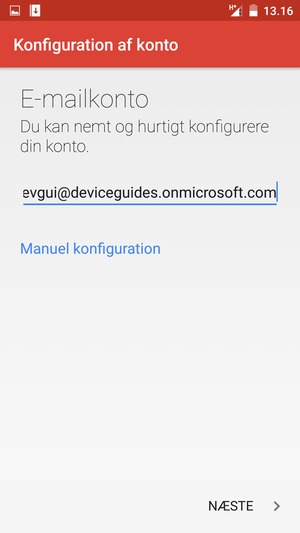Indtast din e-mailadresse og vælg Manuel konfiguration