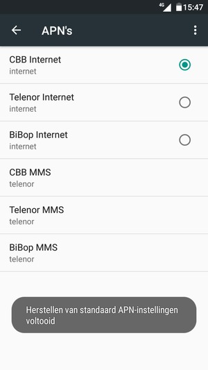 Uw telefoon wordt teruggezet naar standaard internet- en mms-instellingen