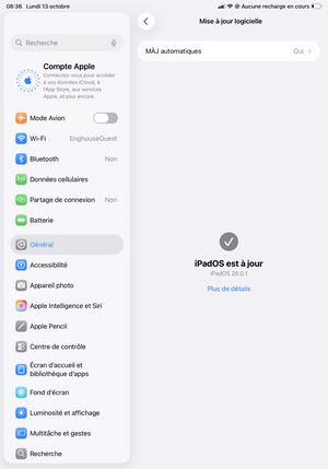 Si votre iPad est à jour, vous verrez l'écran suivant