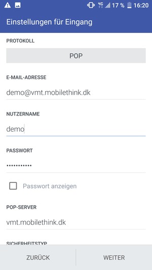 Geben Sie Nutzername und Eingehende Server-Adresse ein. Wählen Sie WEITER