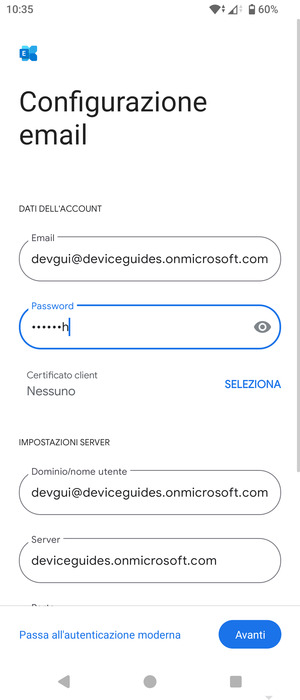 Inserisci Nome utente e l'indirizzo del server Exchange. Seleziona Avanti