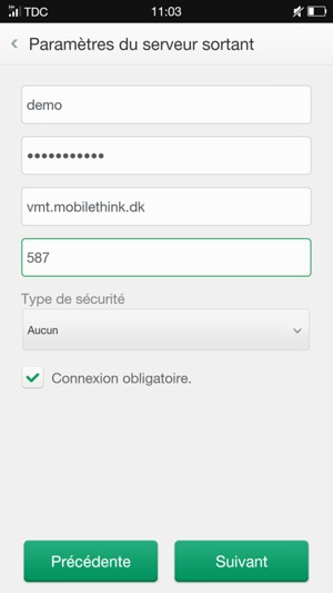 Saisissez l'adresse du serveur sortant