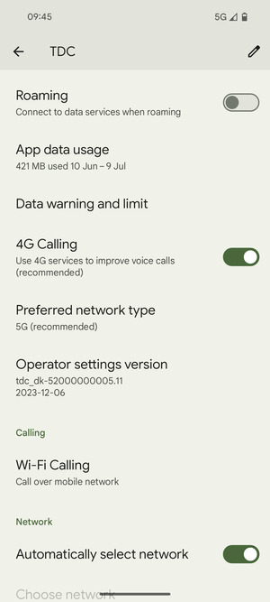 Scroll to and select Preferred network type