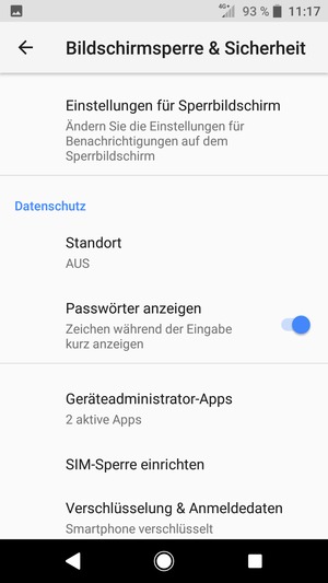 Um die PIN für die SIM-Karte zu wechseln, gehen Sie zum Bildschirmsperre & Sicherheit Menü zurück und scrollen Sie und wählen Sie SIM-Sperre einrichten