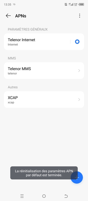 Votre téléphone va être réinitialisé avec les paramètres Internet et MMS par défaut