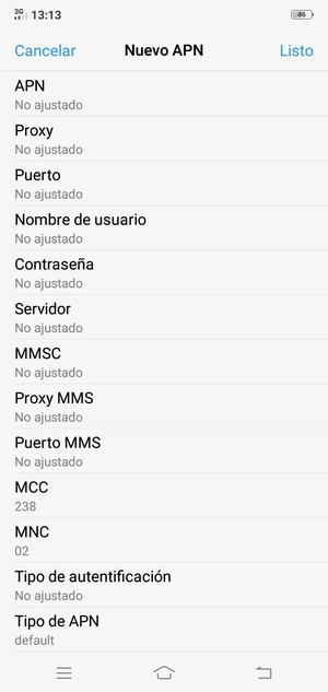 Desplácese hacia abajo e introduzca la información de Internet