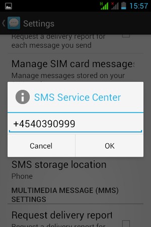 Enter the SMS Service Center number and select OK