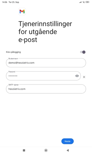 Skriv inn utgående serveradresse og velg Neste