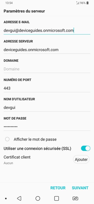 Saisissez l'adresse du serveur Exchange et le NOM D'UTILISATEUR. Sélectionnez SUIVANT
