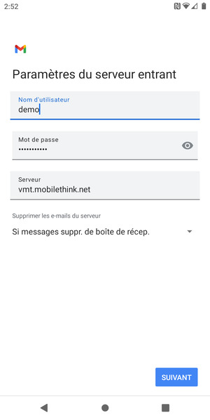 Saisissez votre Nom d'utilisateur et l'adresse du serveur entrant. Sélectionnez SUIVANT