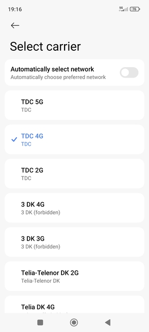 Select a network operator from the list