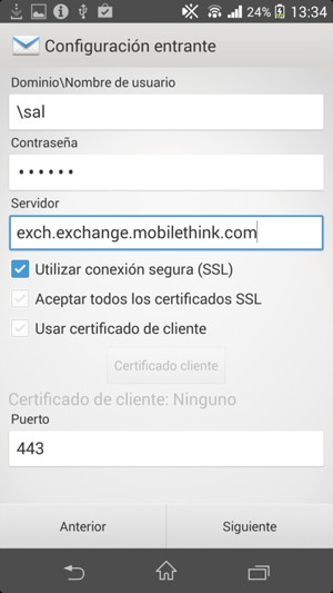 Introduzca Nombre de usario y la dirección de servidor Exchange. Seleccione Siguiente