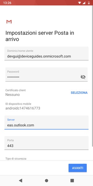 Inserisci Nome utente e l'indirizzo del server Exchange. Seleziona AVANTI
