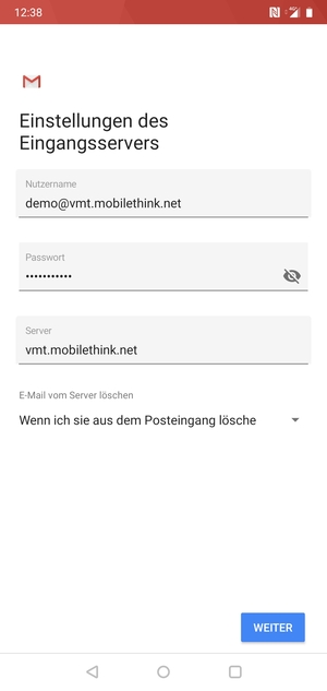 Geben Sie Nutzername und die Server-Adresse für eingehende Post ein. Wählen Sie WEITER