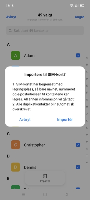 Velg Importér