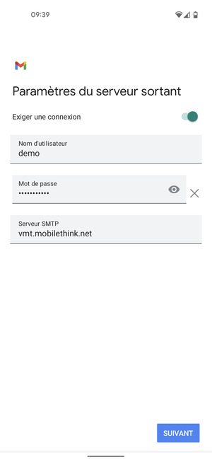 Saisissez l'adresse du serveur sortant