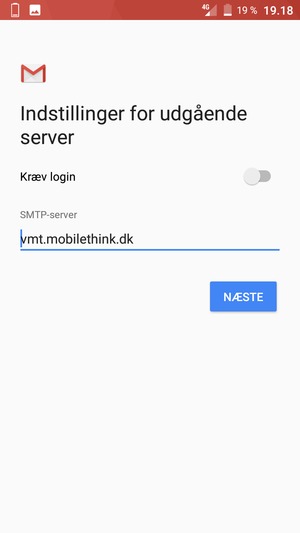 Indtast udgående serveradresse og vælg NÆSTE