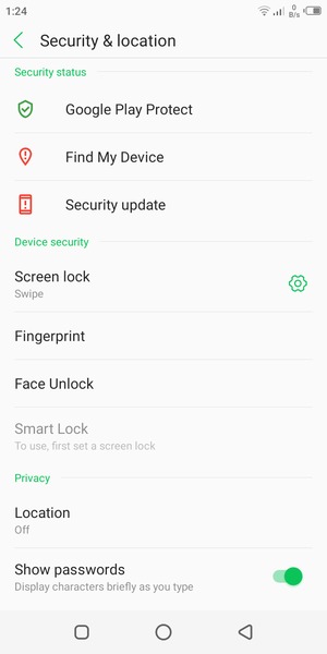 To activate your screen lock, return to the Security & location menu and select Screen lock
