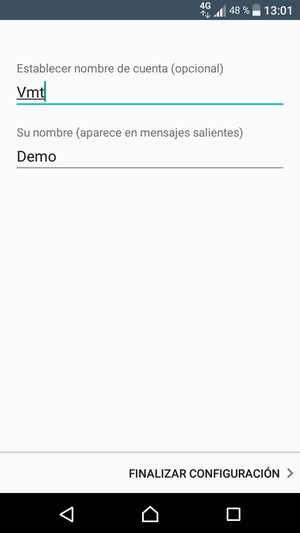 Déle a su cuenta un nombre y escriba su nombre. Seleccione FINALIZAR CONFIGURACIÓN