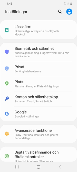 Scrolla till och välj Konton och säkerhetskop.