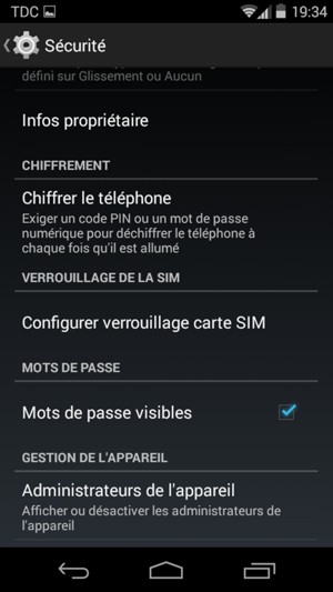 Pour modifier le code PIN de la carte SIM, retournez dans le menu Sécurité et sélectionnez Configurer verrouillage carte SIM